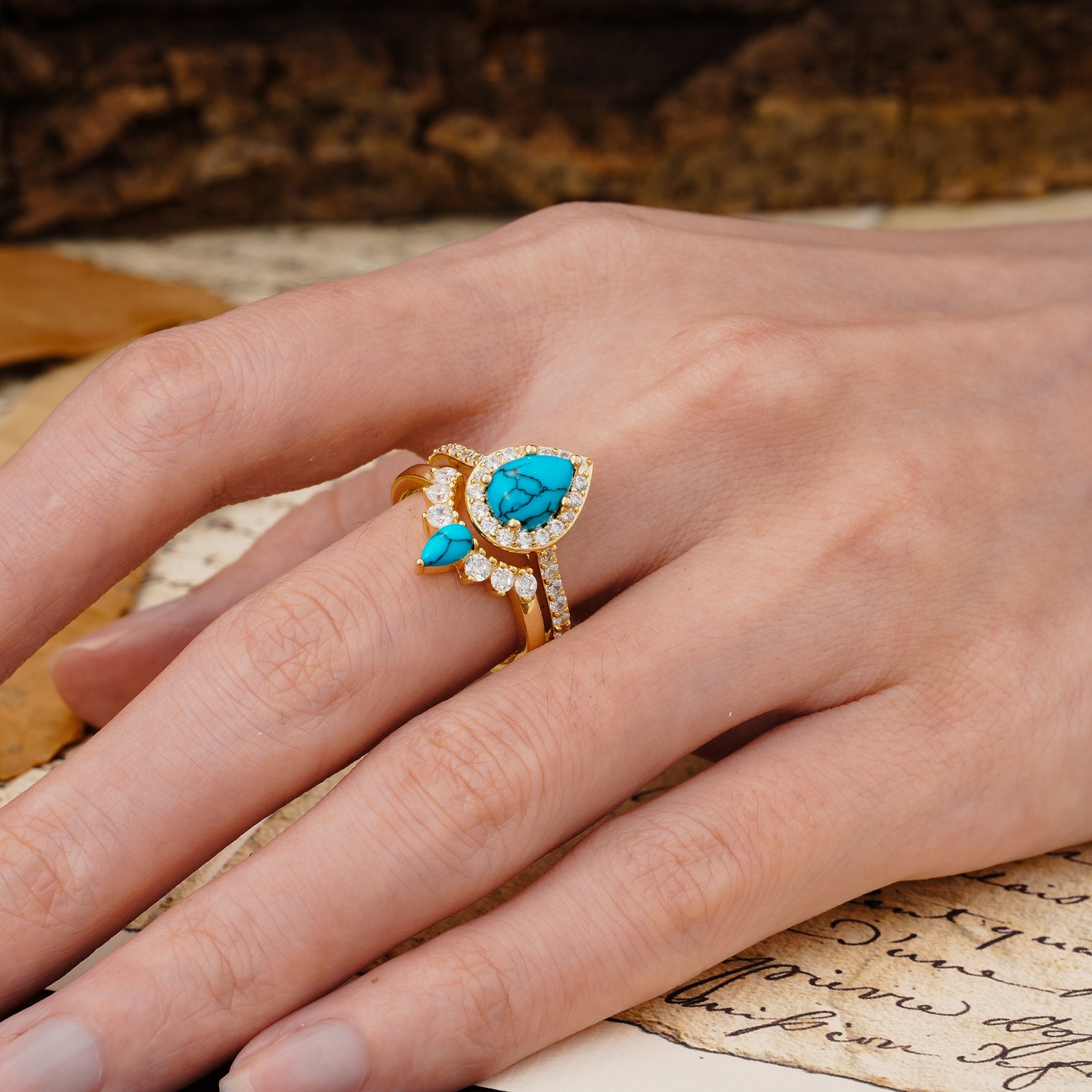 Classic Luxury Vintage 5-Prong Pear Cut Turquoise Wedding Bride Ring Set - Additional view