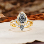 Classic Luxury Vintage 5-Prong Pear Cut Black Rutilated Quartz Wedding Bride Ring Set - Additional view
