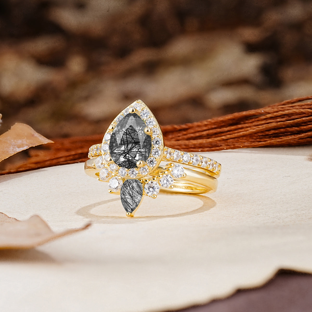 Classic Luxury Vintage 5-Prong Pear Cut Black Rutilated Quartz Wedding Bride Ring Set - Additional view