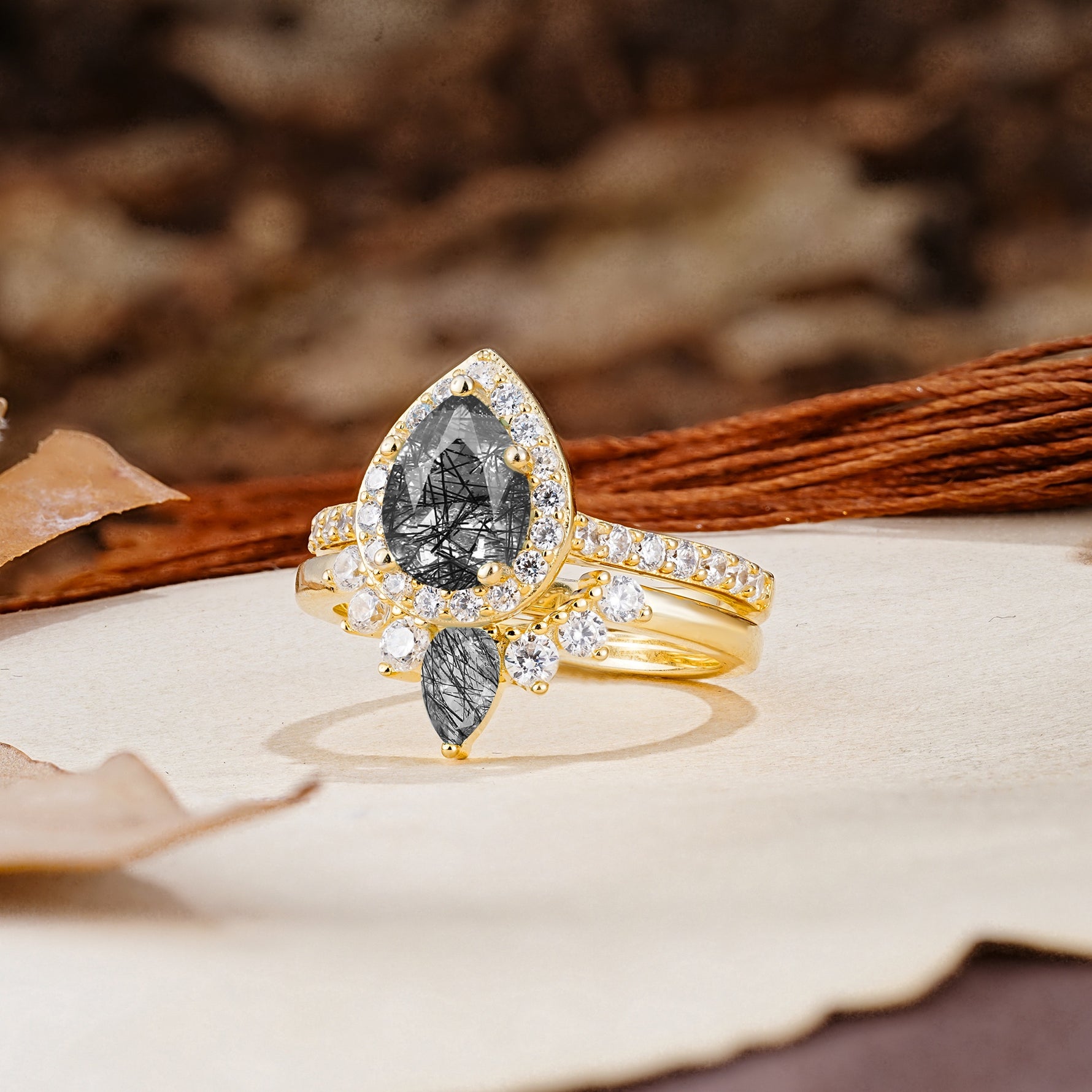 Classic Luxury Vintage 5-Prong Pear Cut Black Rutilated Quartz Wedding Bride Ring Set - Additional view