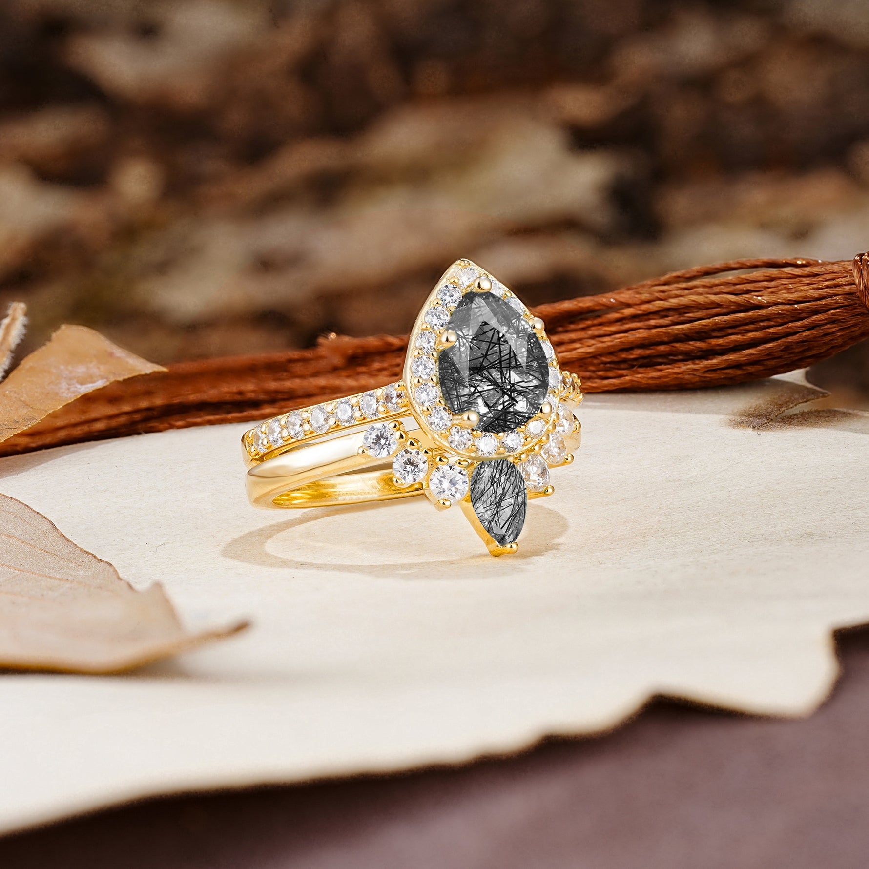 Classic Luxury Vintage 5-Prong Pear Cut Black Rutilated Quartz Wedding Bride Ring Set - Additional view