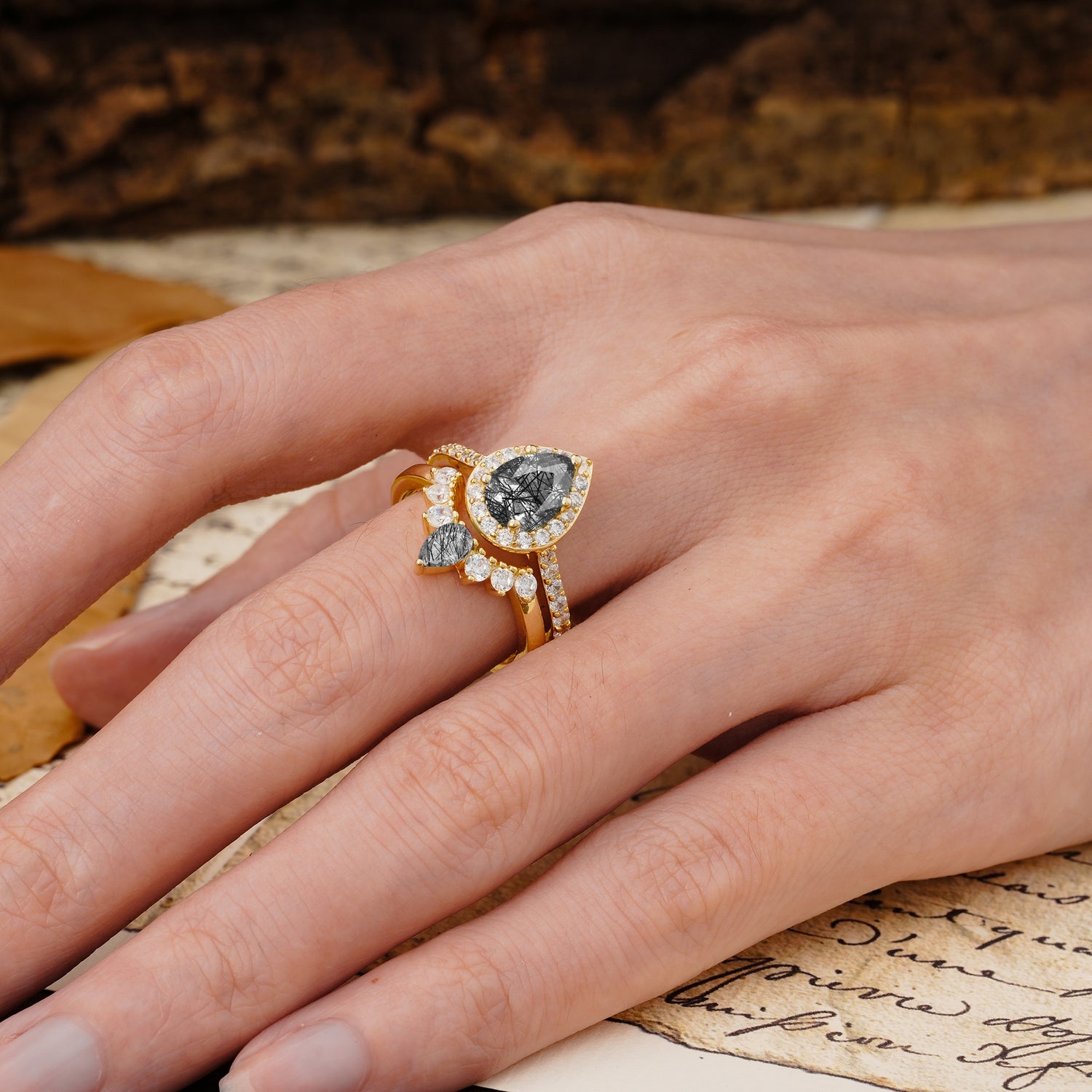 Classic Luxury Vintage 5-Prong Pear Cut Black Rutilated Quartz Wedding Bride Ring Set - Additional view