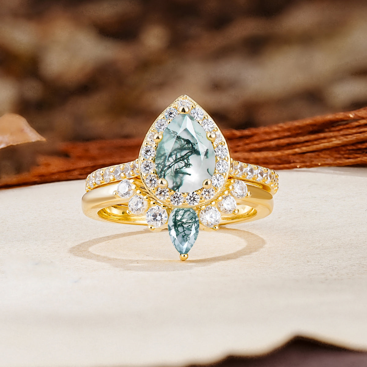 Classic Luxury Vintage 5-Prong Pear Cut Moss Agate Wedding Bride Ring Set - Additional view