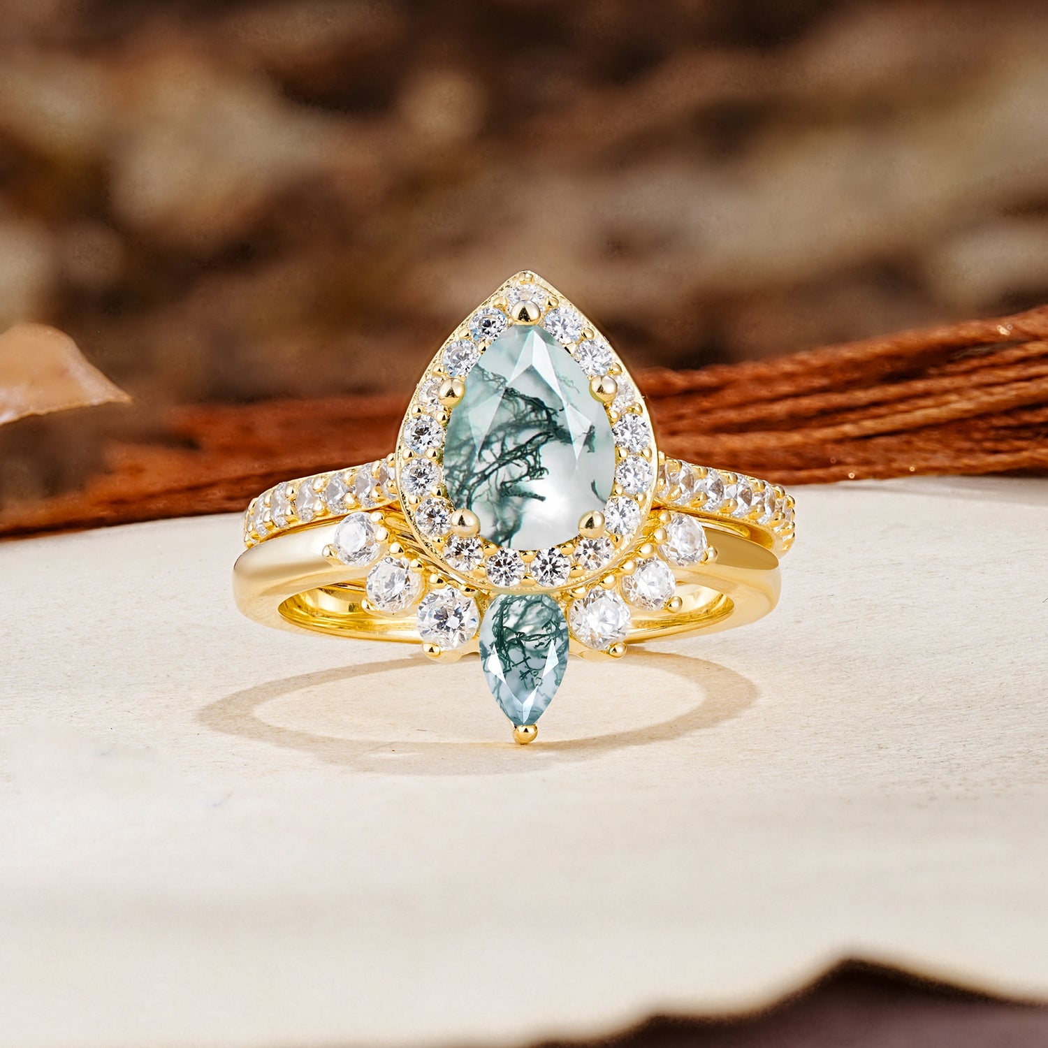 Classic Luxury Vintage 5-Prong Pear Cut Moss Agate Wedding Bride Ring Set - Additional view