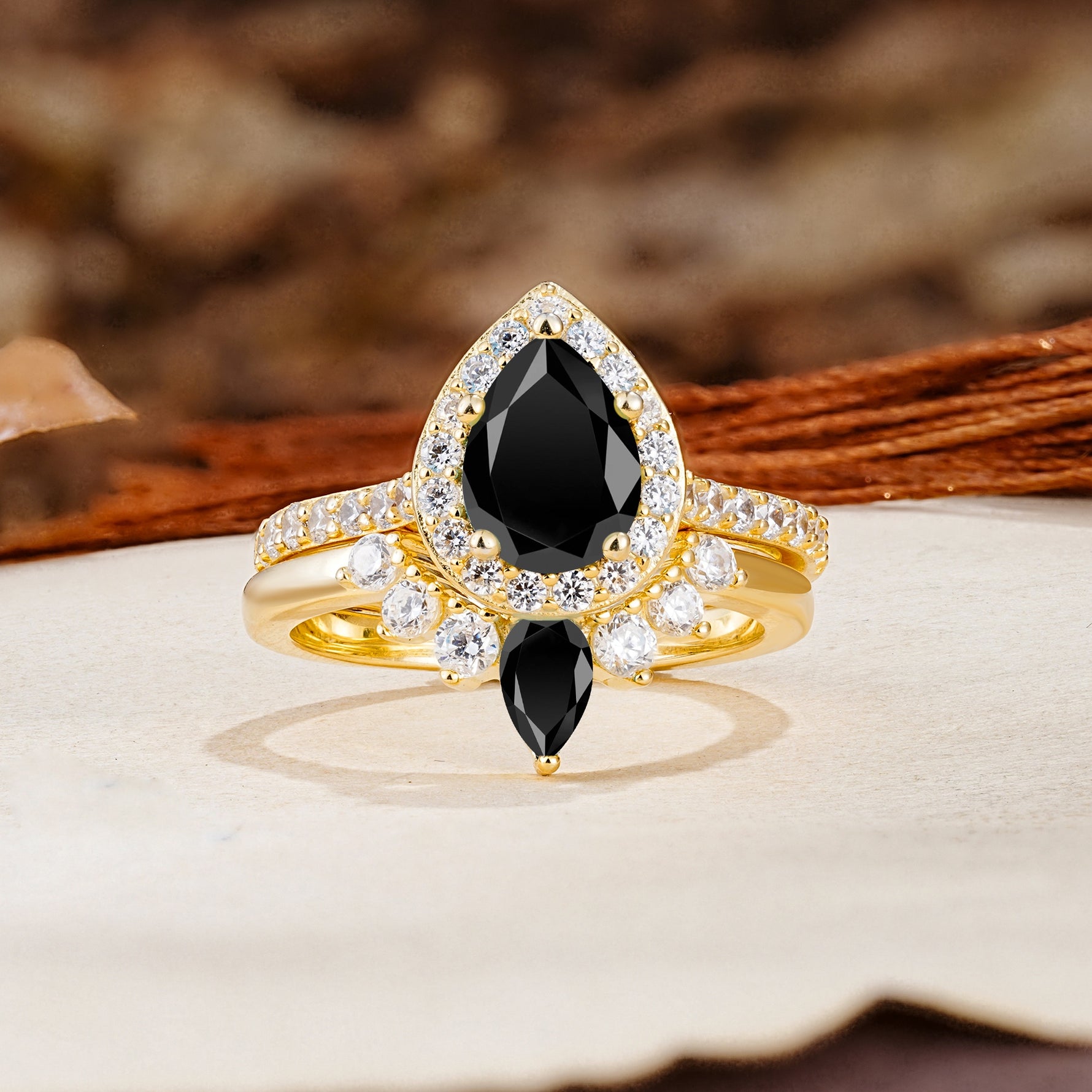 Classic Luxury Vintage 5-Prong Pear Cut Black Onyx Wedding Bride Ring Set - Additional view