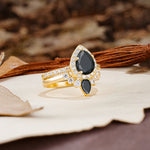 Classic Luxury Vintage 5-Prong Pear Cut Black Onyx Wedding Bride Ring Set - Additional view