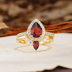 Classic Luxury Vintage 5-Prong Pear Cut Garnet Wedding Bride Ring Set - Additional view