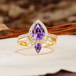Classic Luxury Vintage 5-Prong Pear Cut Amethyst Wedding Bride Ring Set - Additional view