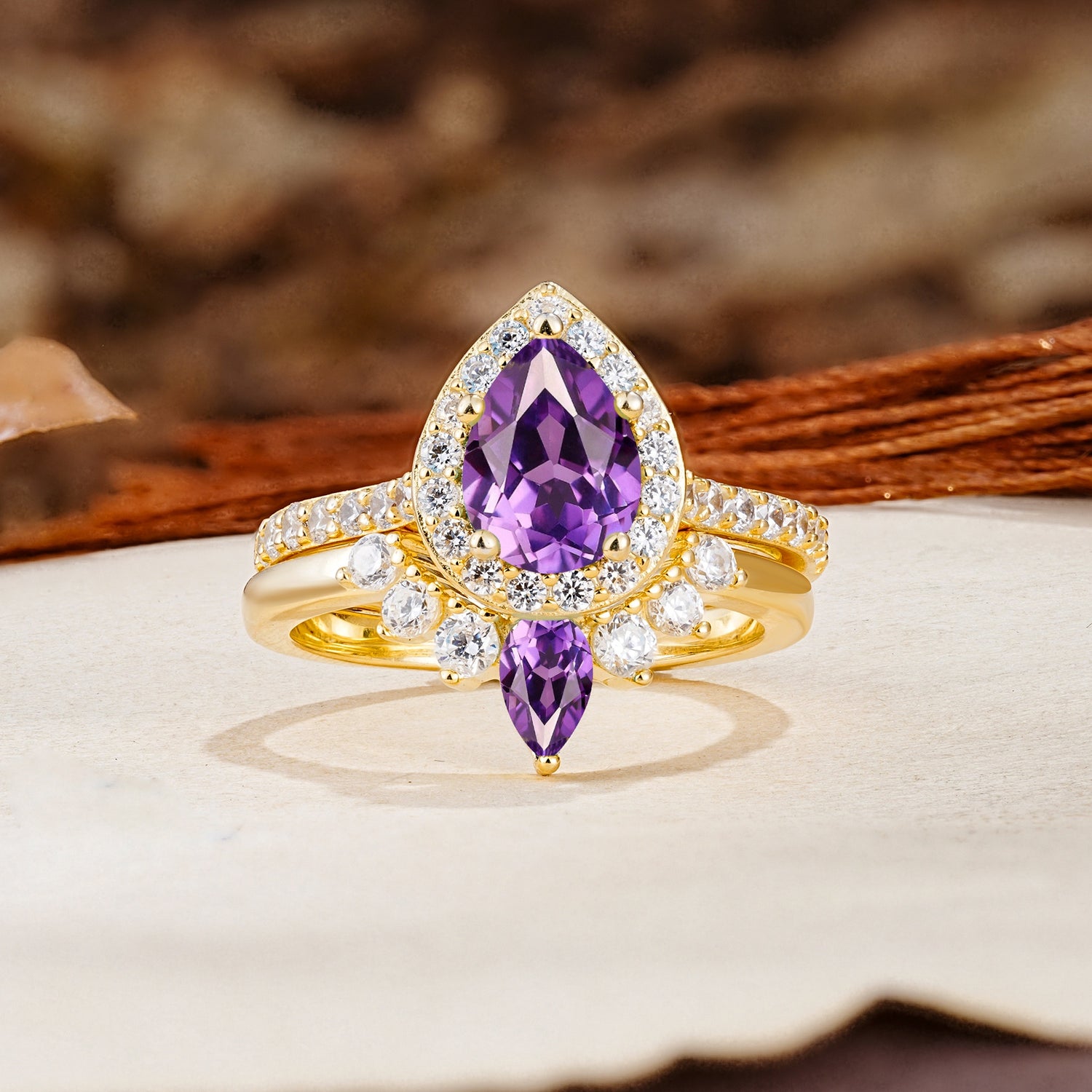 Classic Luxury Vintage 5-Prong Pear Cut Amethyst Wedding Bride Ring Set - Additional view
