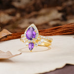 Classic Luxury Vintage 5-Prong Pear Cut Amethyst Wedding Bride Ring Set - Additional view