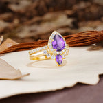 Classic Luxury Vintage 5-Prong Pear Cut Amethyst Wedding Bride Ring Set - Additional view