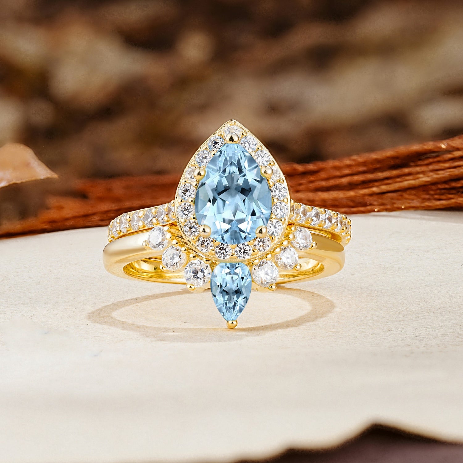 Classic Luxury Vintage 5-Prong Pear Cut Aquamarine Wedding Bride Ring Set