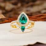 Classic Luxury Vintage 5-Prong Pear Cut Emerald Wedding Bride Ring Set - Additional view