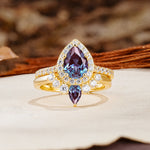 Classic Luxury Vintage 5-Prong Pear Cut Alexandrite Wedding Bride Ring Set - Additional view