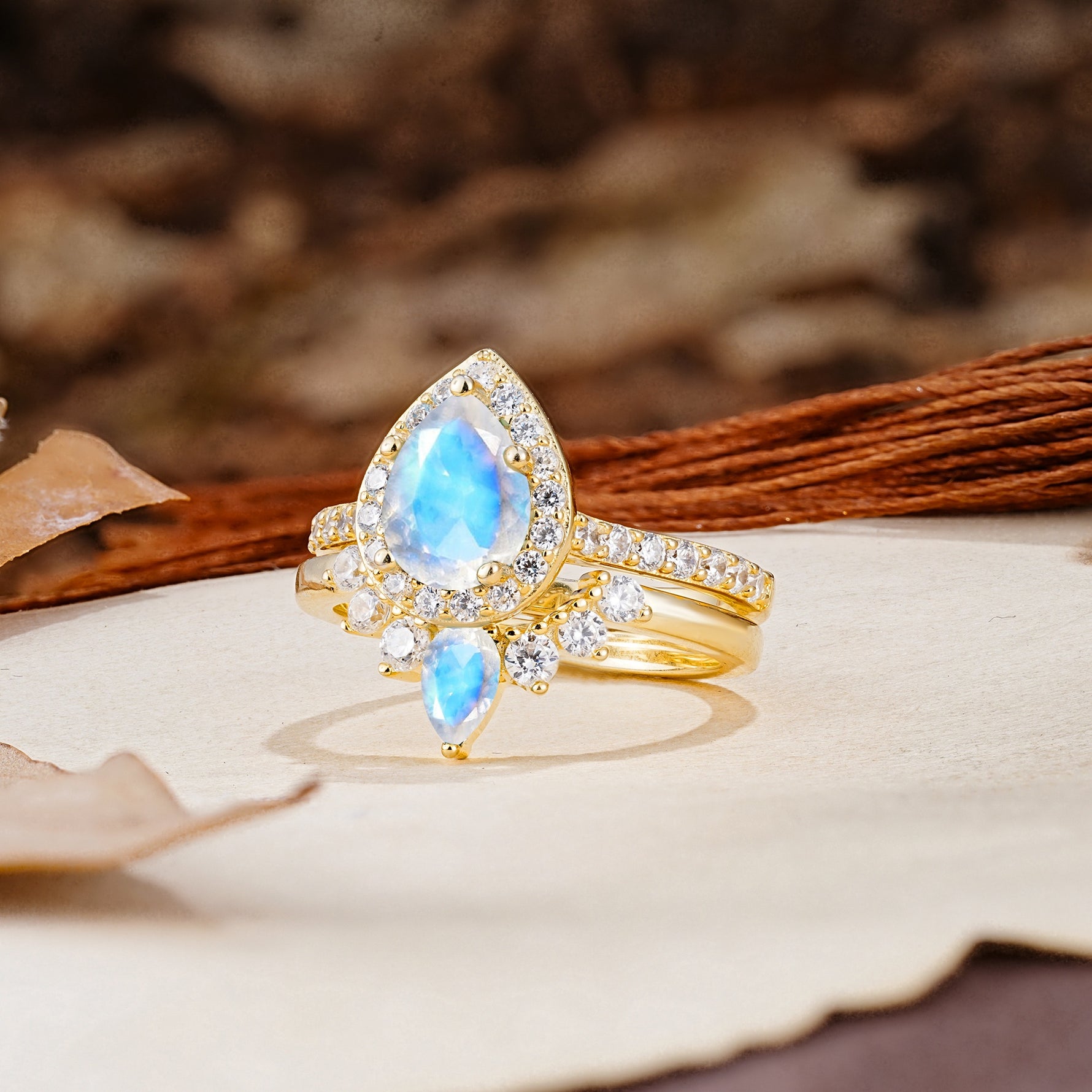 Classic Luxury Vintage 5-Prong Pear Cut Moonstone Wedding Bride Ring Set - Additional view