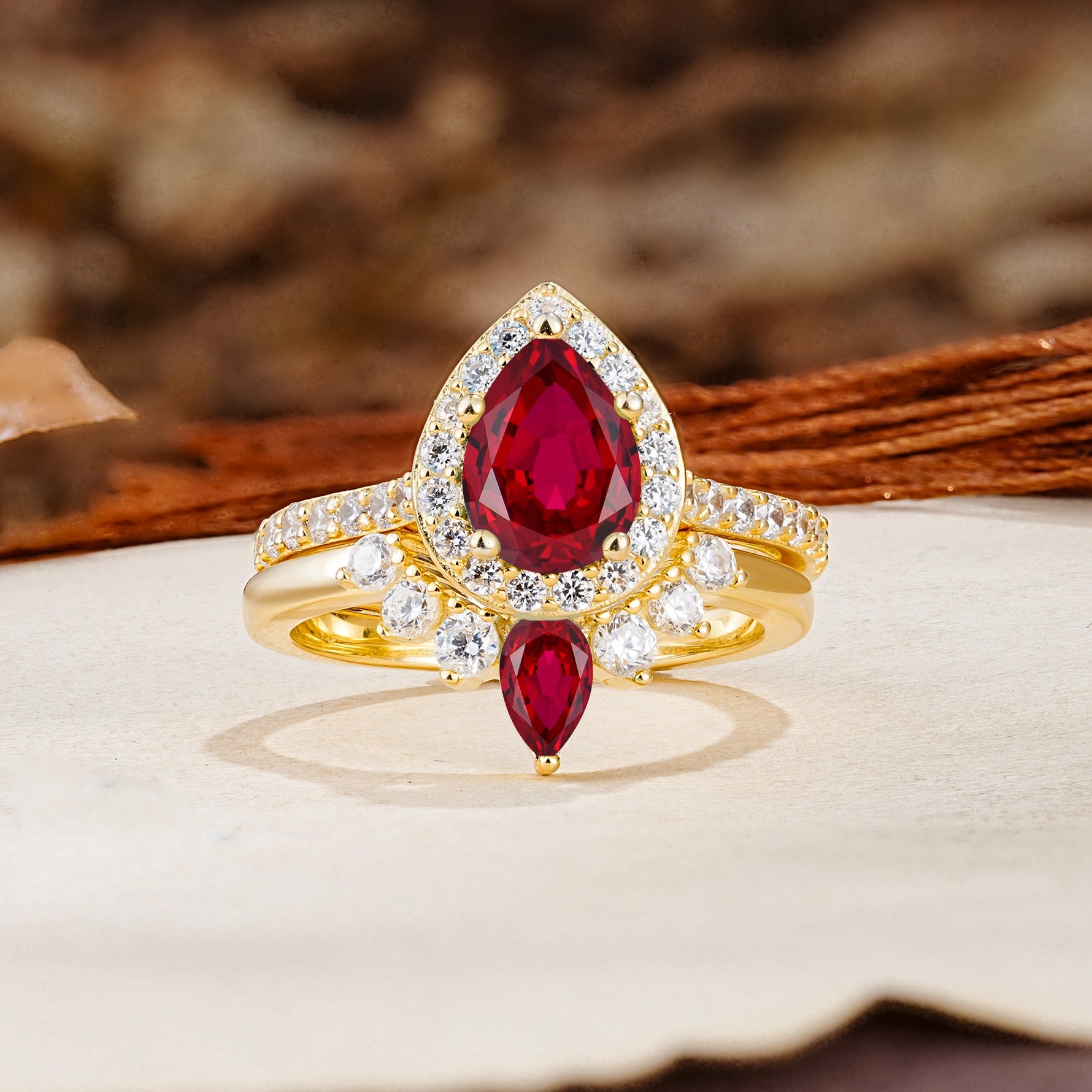 Classic Luxury Vintage 5-Prong Pear Cut Ruby Wedding Bride Ring Set - Additional view