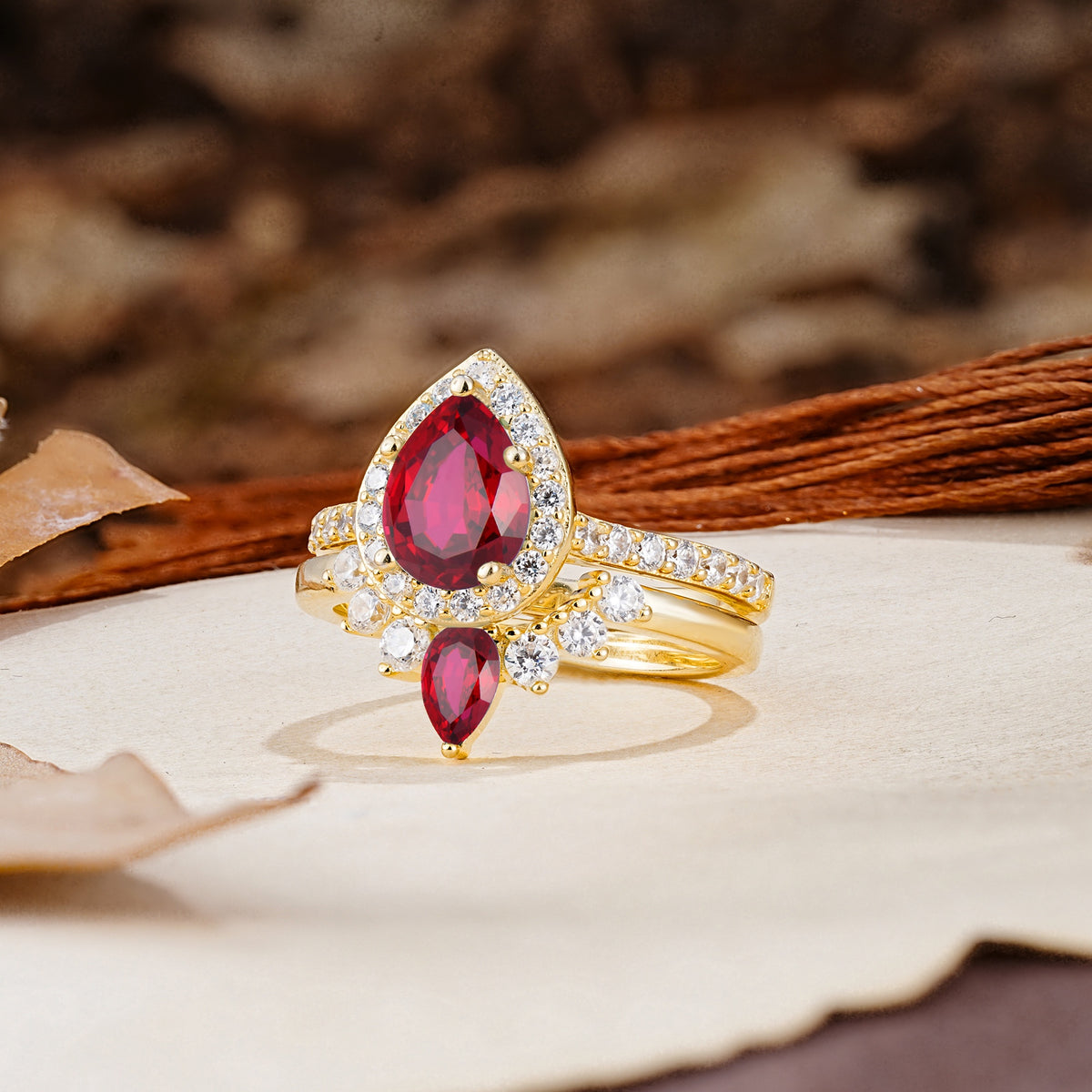 Classic Luxury Vintage 5-Prong Pear Cut Ruby Wedding Bride Ring Set - Additional view