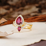 Classic Luxury Vintage 5-Prong Pear Cut Ruby Wedding Bride Ring Set - Additional view