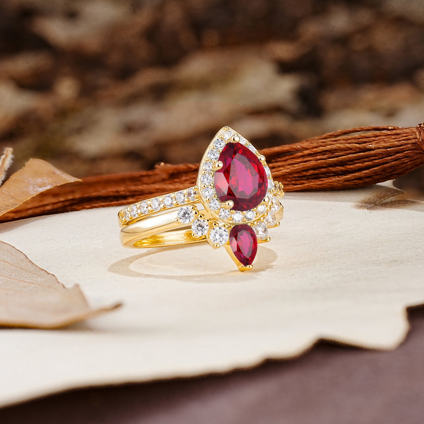 Classic Luxury Vintage 5-Prong Pear Cut Ruby Wedding Bride Ring Set - Additional view