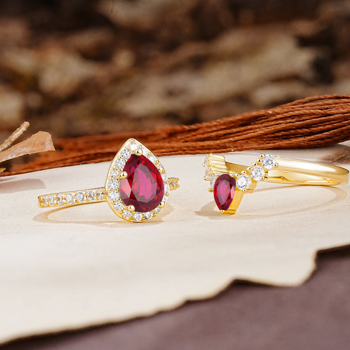 Classic Luxury Vintage 5-Prong Pear Cut Ruby Wedding Bride Ring Set - Additional view