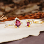 Classic Luxury Vintage 5-Prong Pear Cut Ruby Wedding Bride Ring Set - Additional view