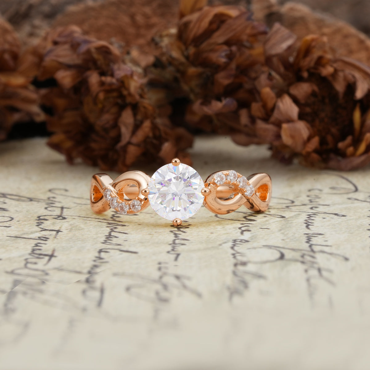 Unique, Luxurious, Twisted-Cross 4-Prong Round Cut Moissanite Engagement Ring - Additional view