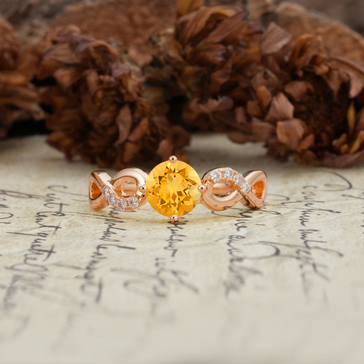 Unique, Luxurious, Twisted-Cross 4-Prong Round Cut Citrine Engagement Ring - Additional view