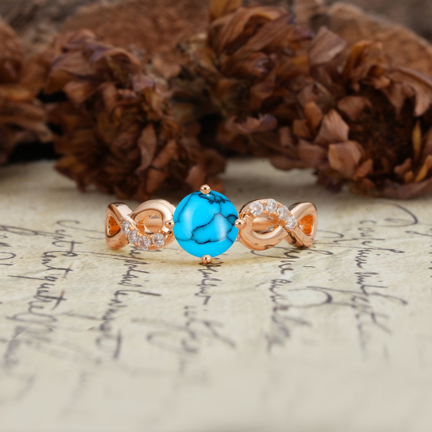 Unique, Luxurious, Twisted-Cross 4-Prong Round Cut Turquoise Engagement Ring - Additional view