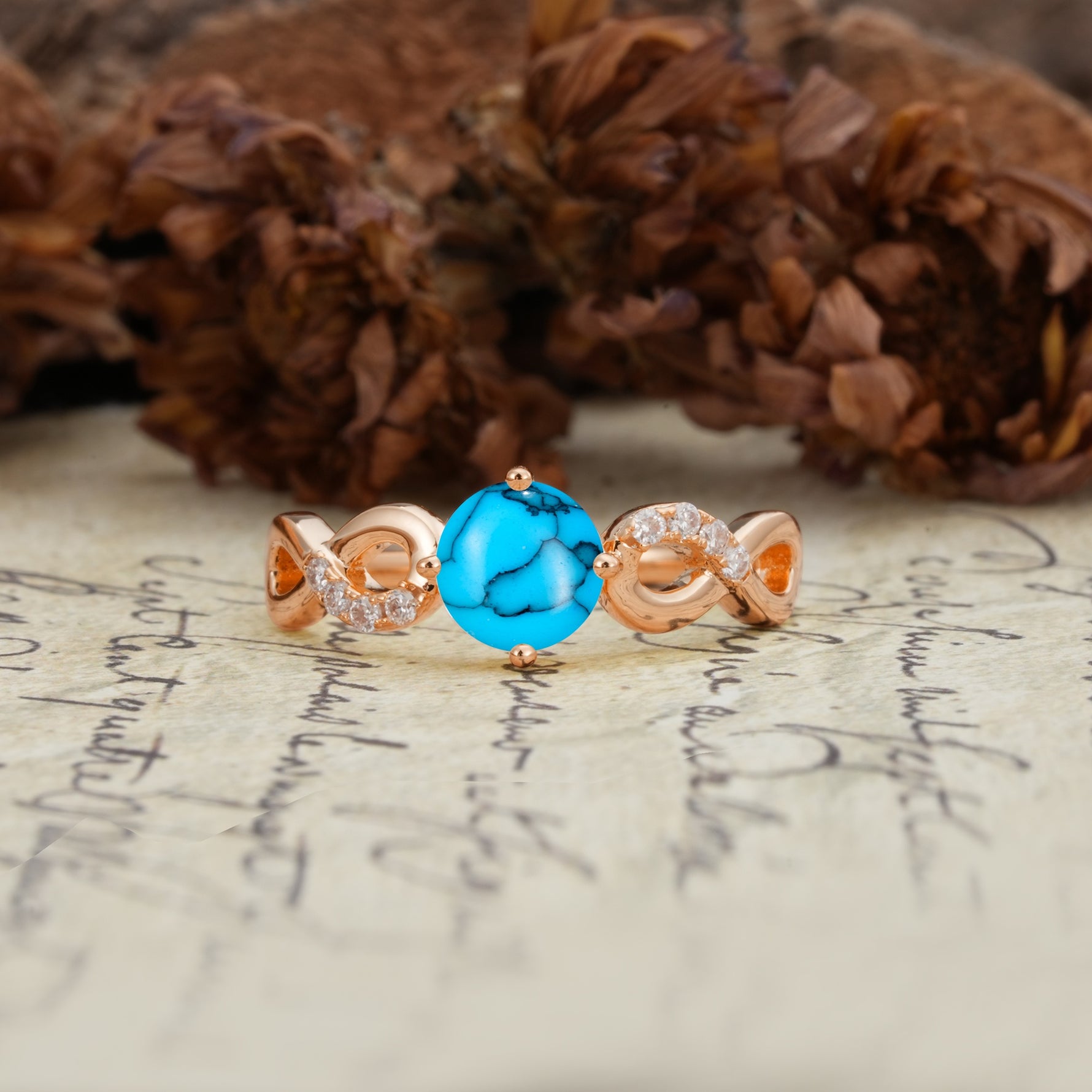 Unique, Luxurious, Twisted-Cross 4-Prong Round Cut Turquoise Engagement Ring - Additional view