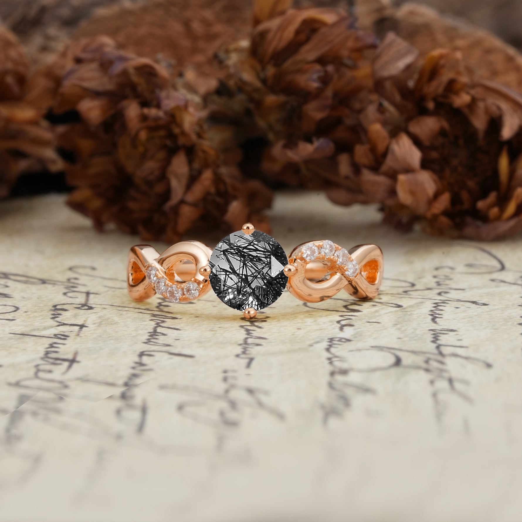 Unique, Luxurious, Twisted-Cross 4-Prong Round Cut Black Rutilated Quartz Engagement Ring - Additional view