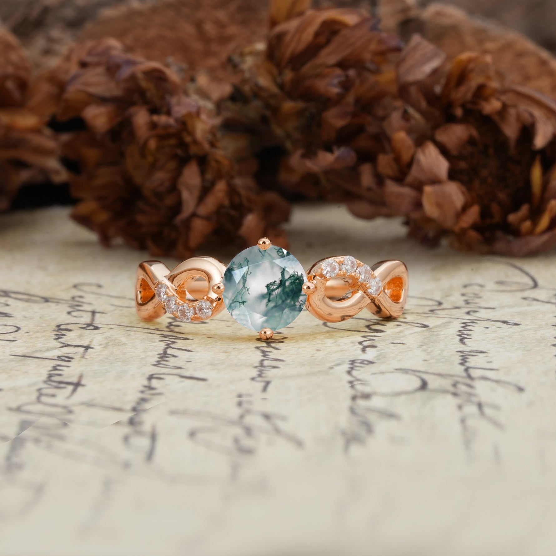 Unique, Luxurious, Twisted-Cross 4-Prong Round Cut Moss Agate Engagement Ring - Additional view