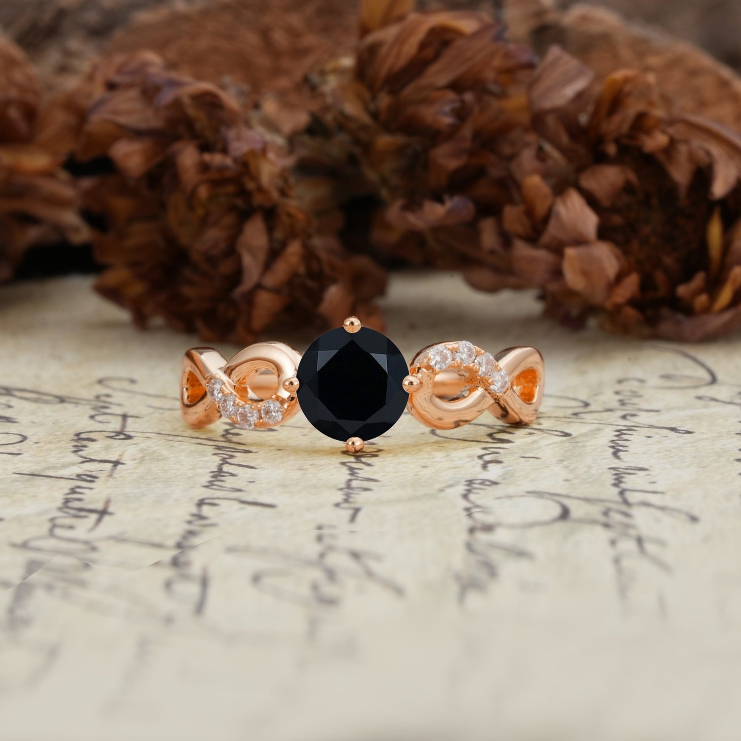 Unique, Luxurious, Twisted-Cross 4-Prong Round Cut Black Onyx Engagement Ring - Additional view