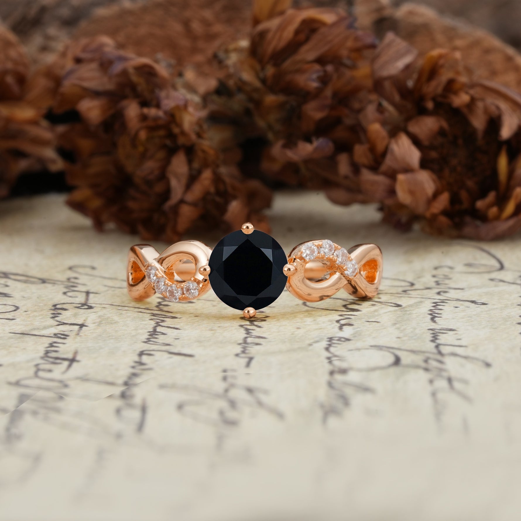 Unique, Luxurious, Twisted-Cross 4-Prong Round Cut Black Onyx Engagement Ring - Additional view