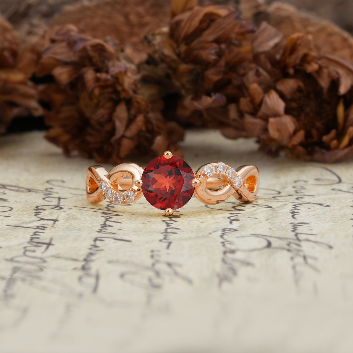 Unique, Luxurious, Twisted-Cross 4-Prong Round Cut Garnet Engagement Ring - Additional view