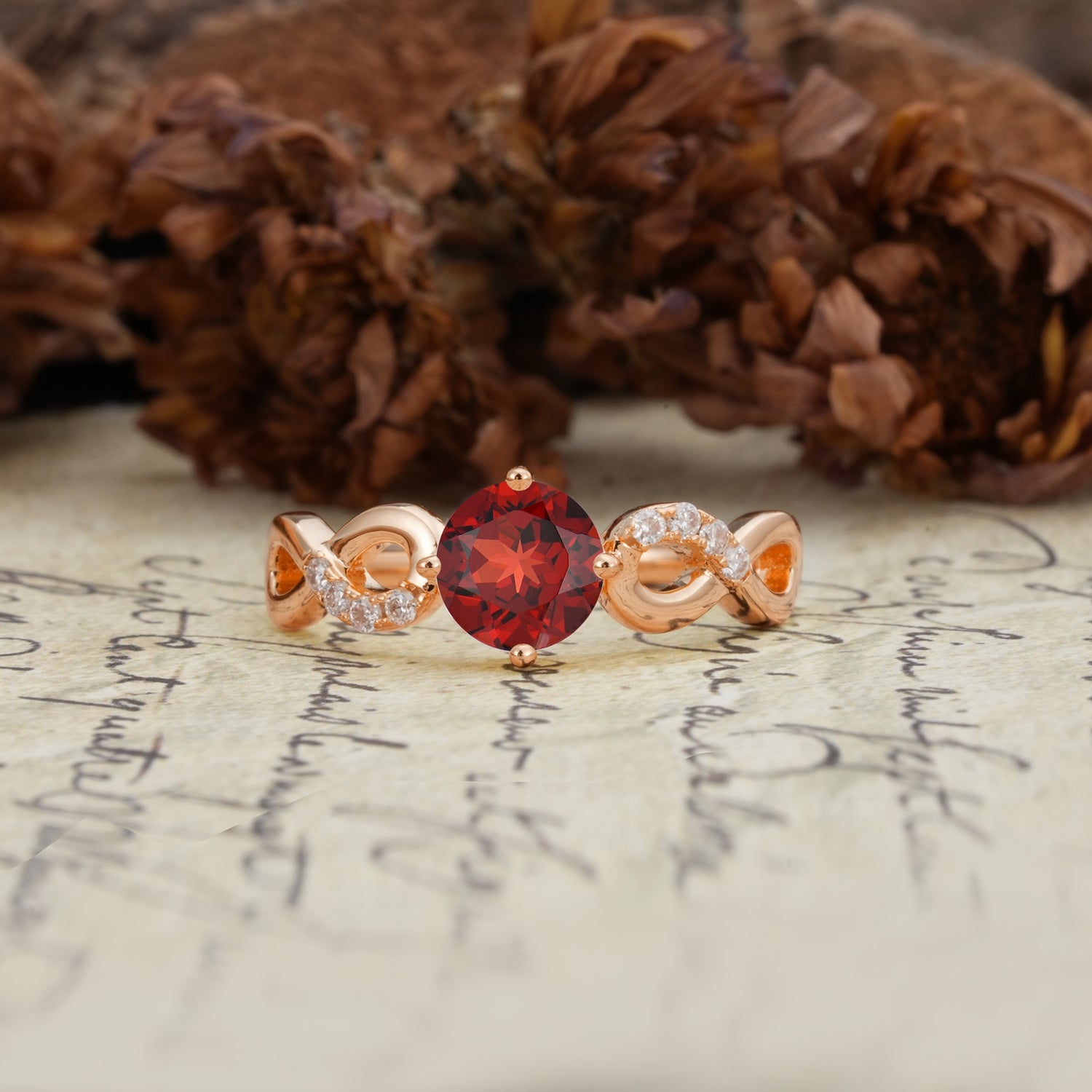 Unique, Luxurious, Twisted-Cross 4-Prong Round Cut Garnet Engagement Ring - Additional view