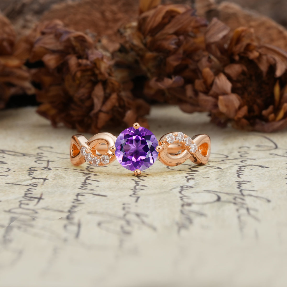 Unique, Luxurious, Twisted-Cross 4-Prong Round Cut Amethyst Engagement Ring - Additional view