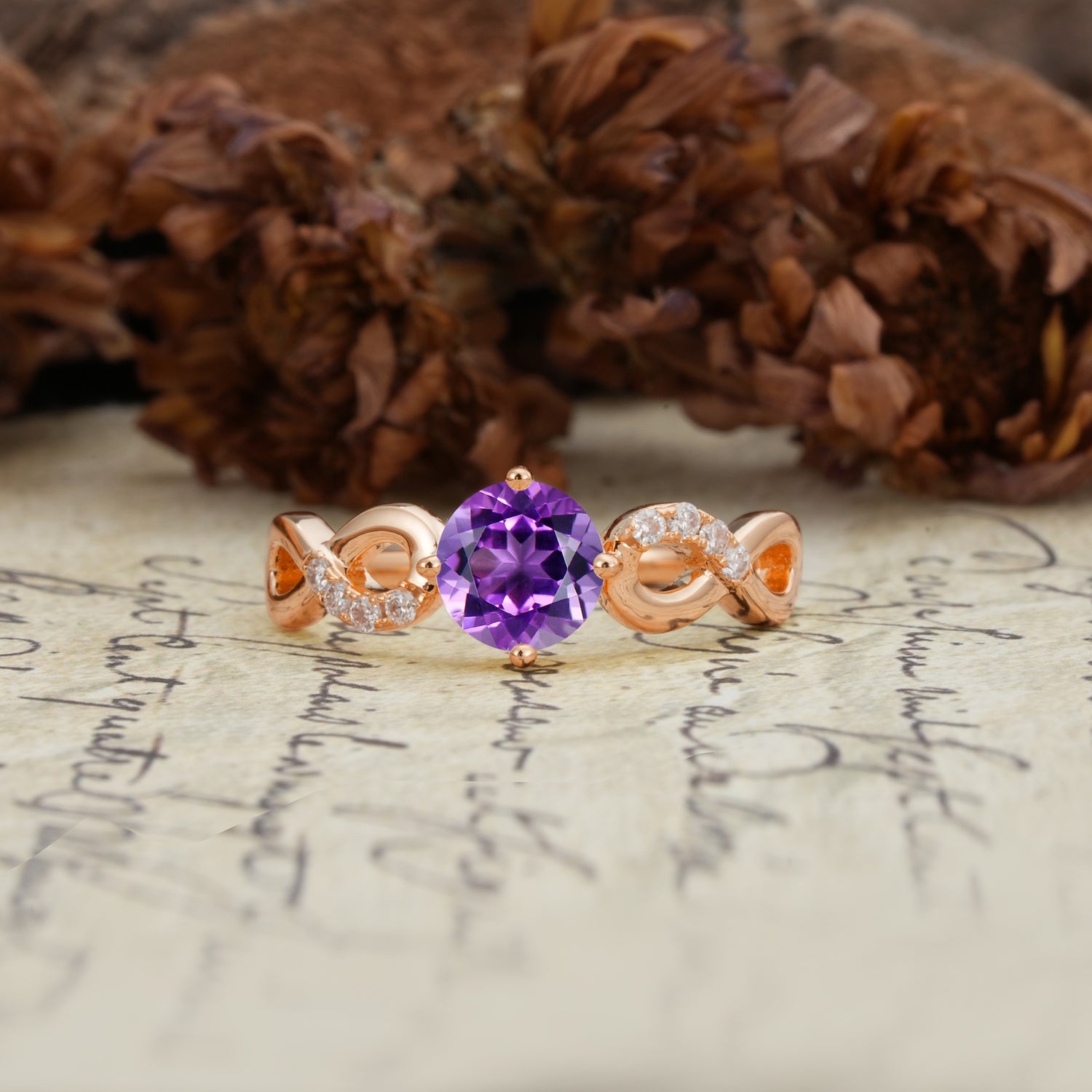 Unique, Luxurious, Twisted-Cross 4-Prong Round Cut Amethyst Engagement Ring - Additional view