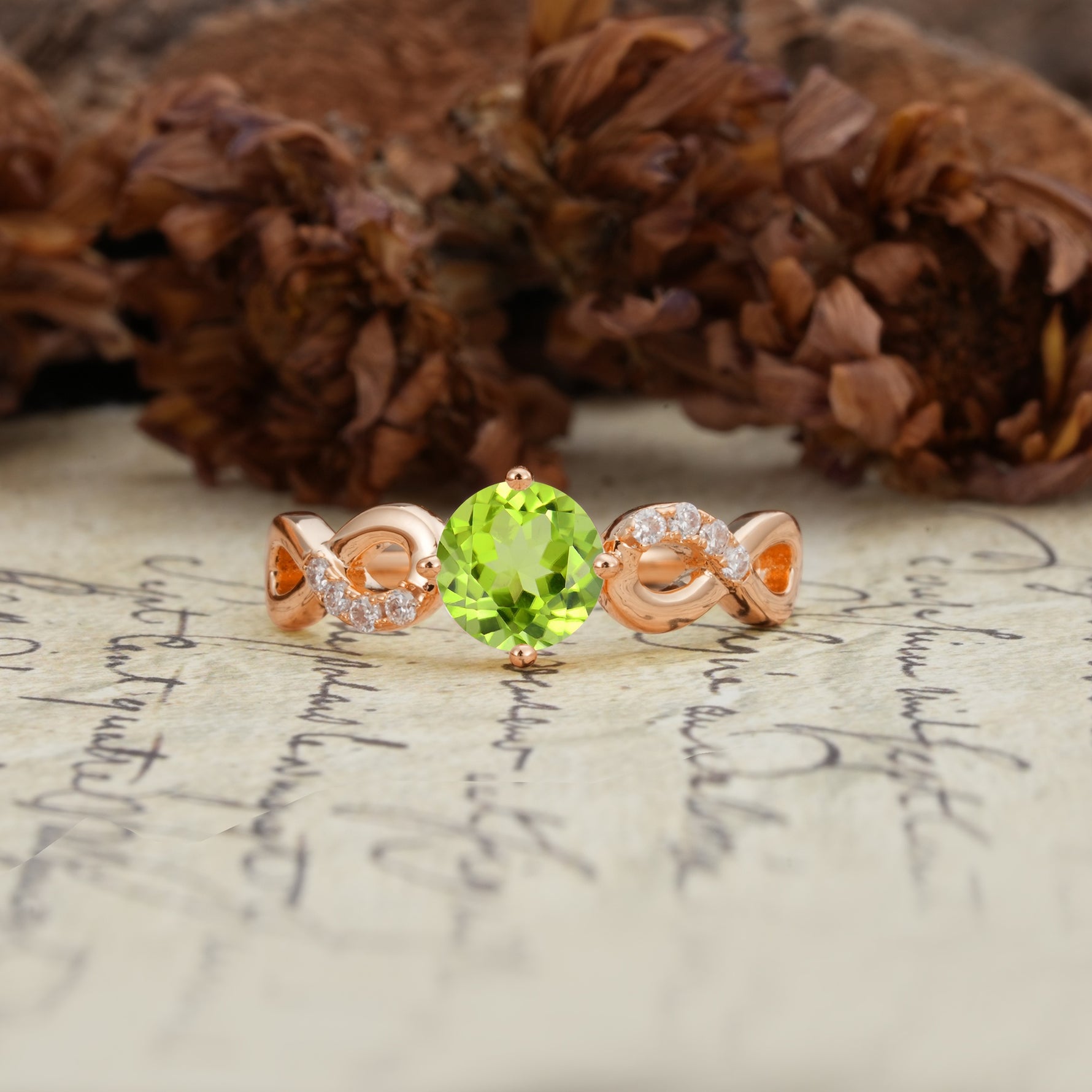 Unique, Luxurious, Twisted-Cross 4-Prong Round Cut Peridot Engagement Ring - Additional view