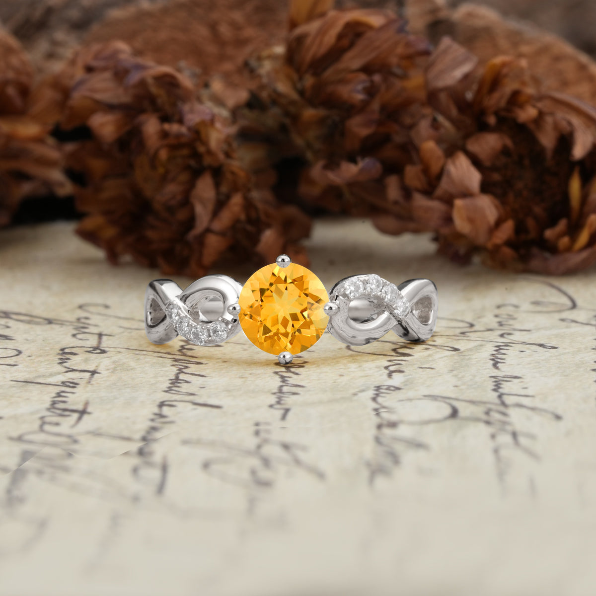 Unique, Luxurious, Twisted-Cross 4-Prong Round Cut Citrine Engagement Ring - Additional view