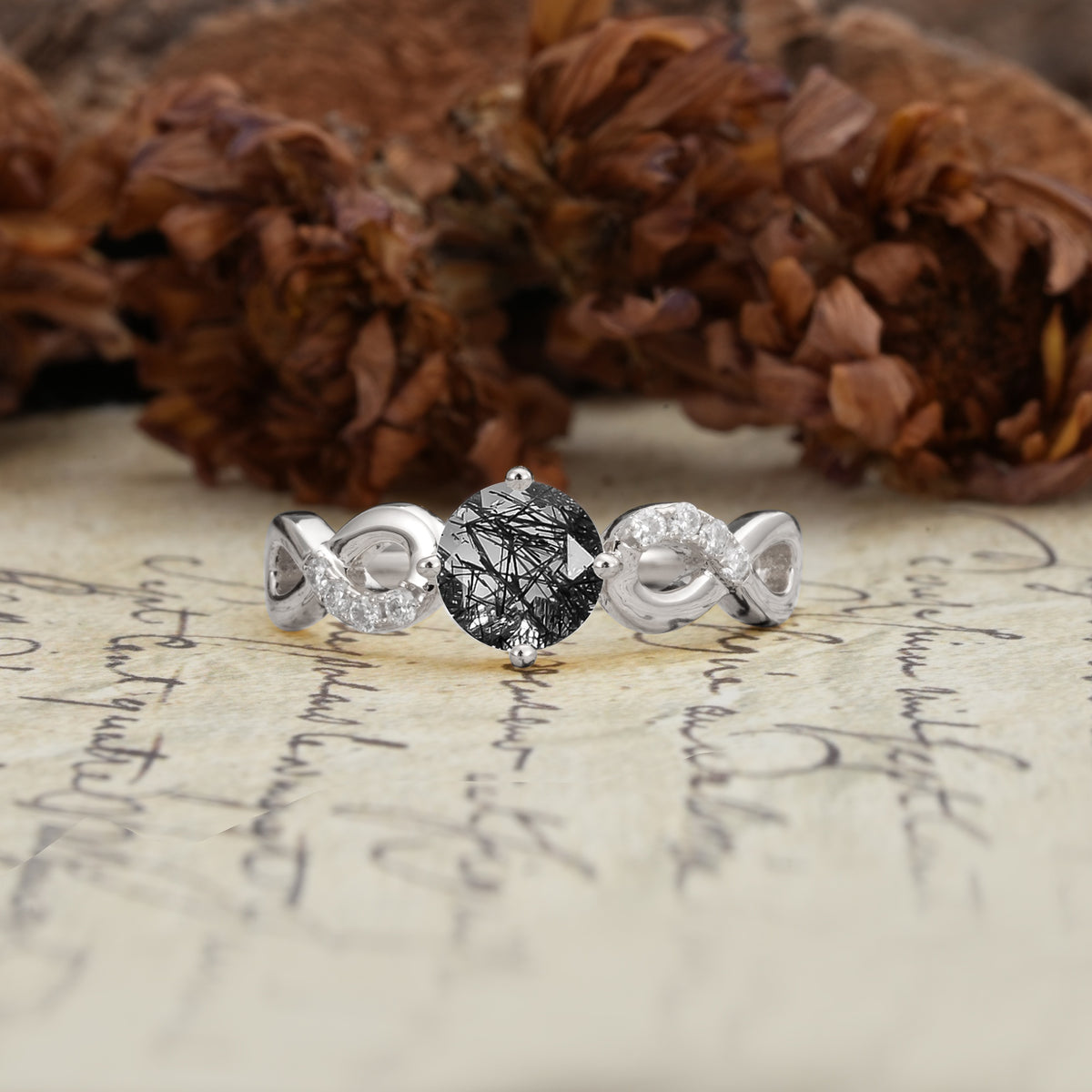 Unique, Luxurious, Twisted-Cross 4-Prong Round Cut Black Rutilated Quartz Engagement Ring - Additional view