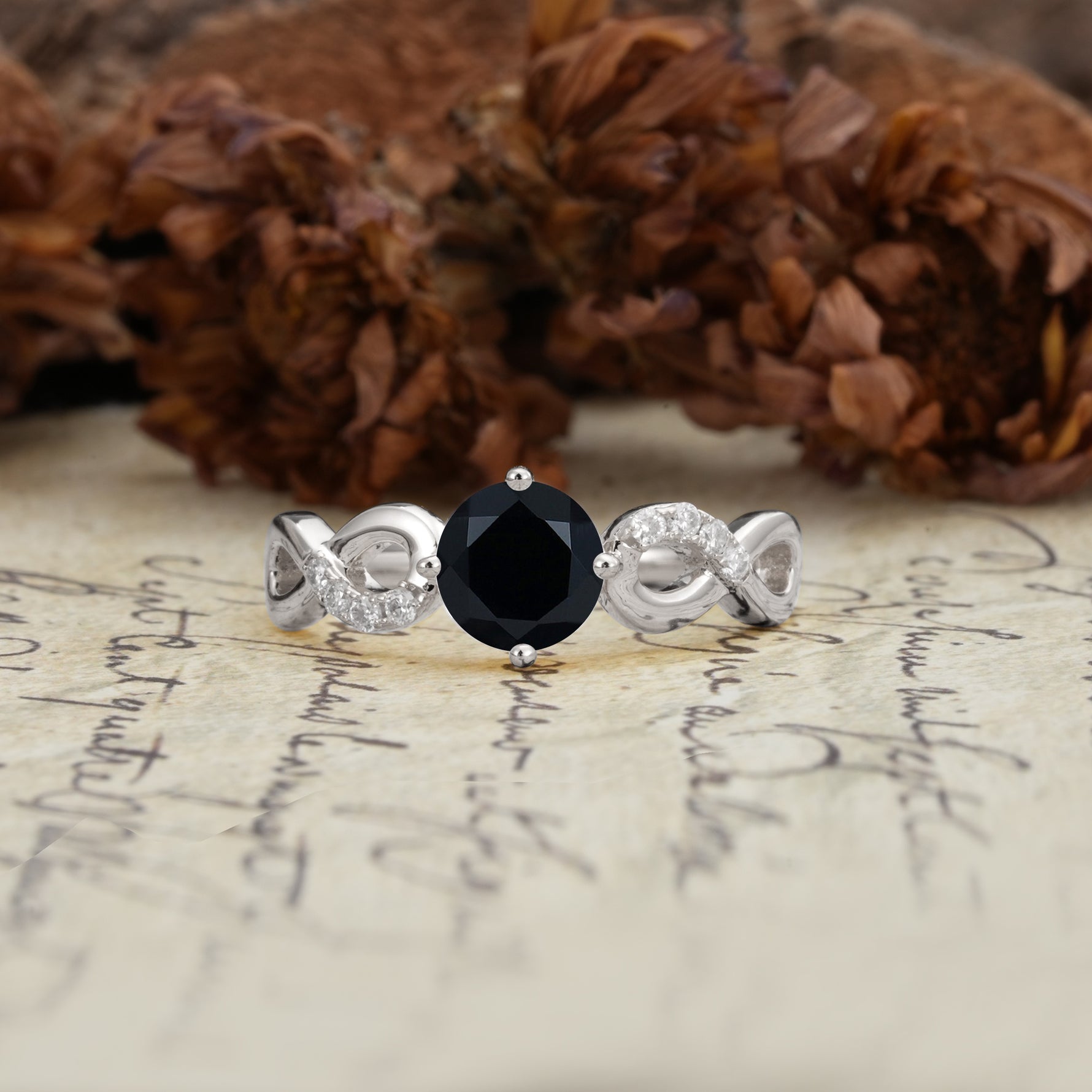 Unique, Luxurious, Twisted-Cross 4-Prong Round Cut Black Onyx Engagement Ring - Additional view
