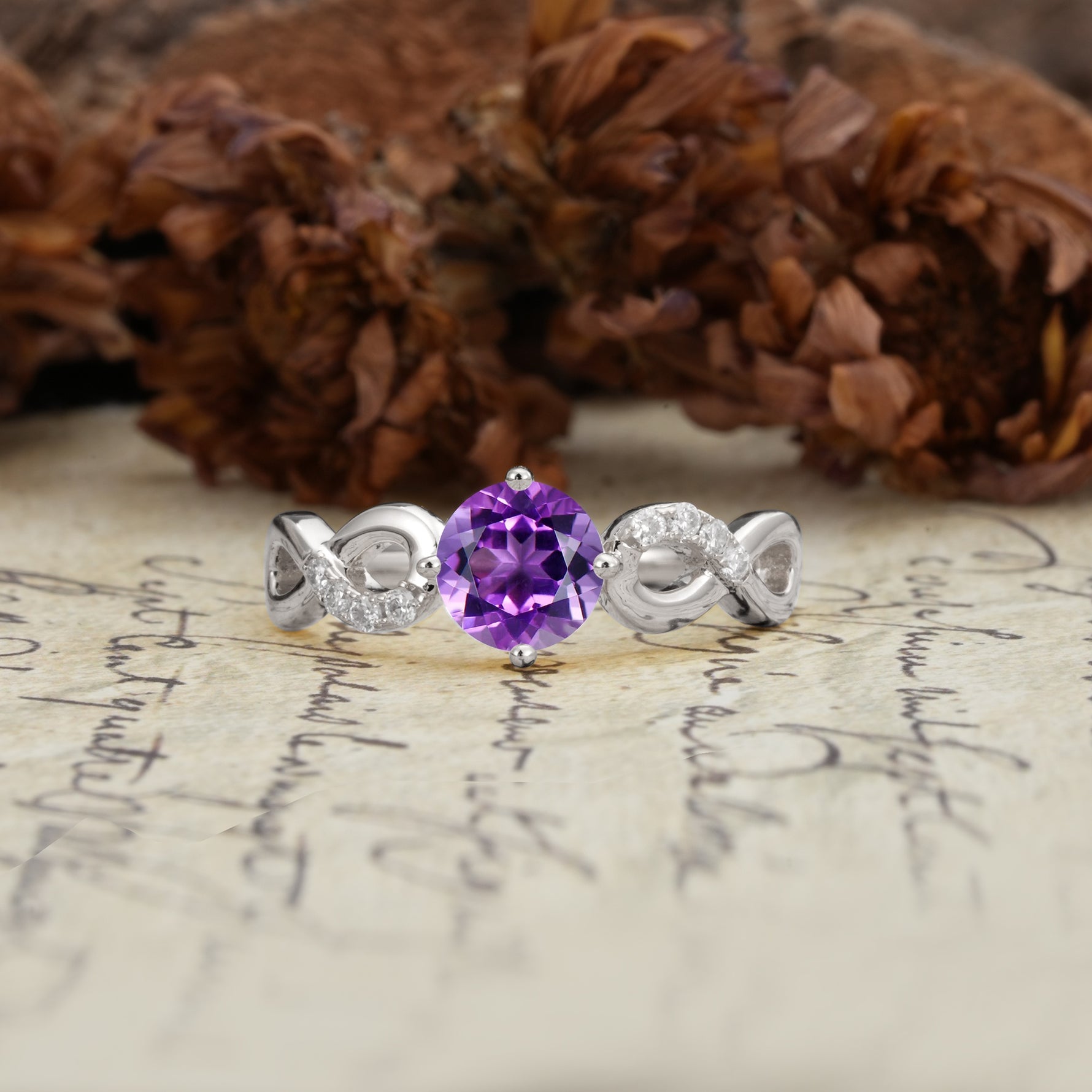 Unique, Luxurious, Twisted-Cross 4-Prong Round Cut Amethyst Engagement Ring - Additional view