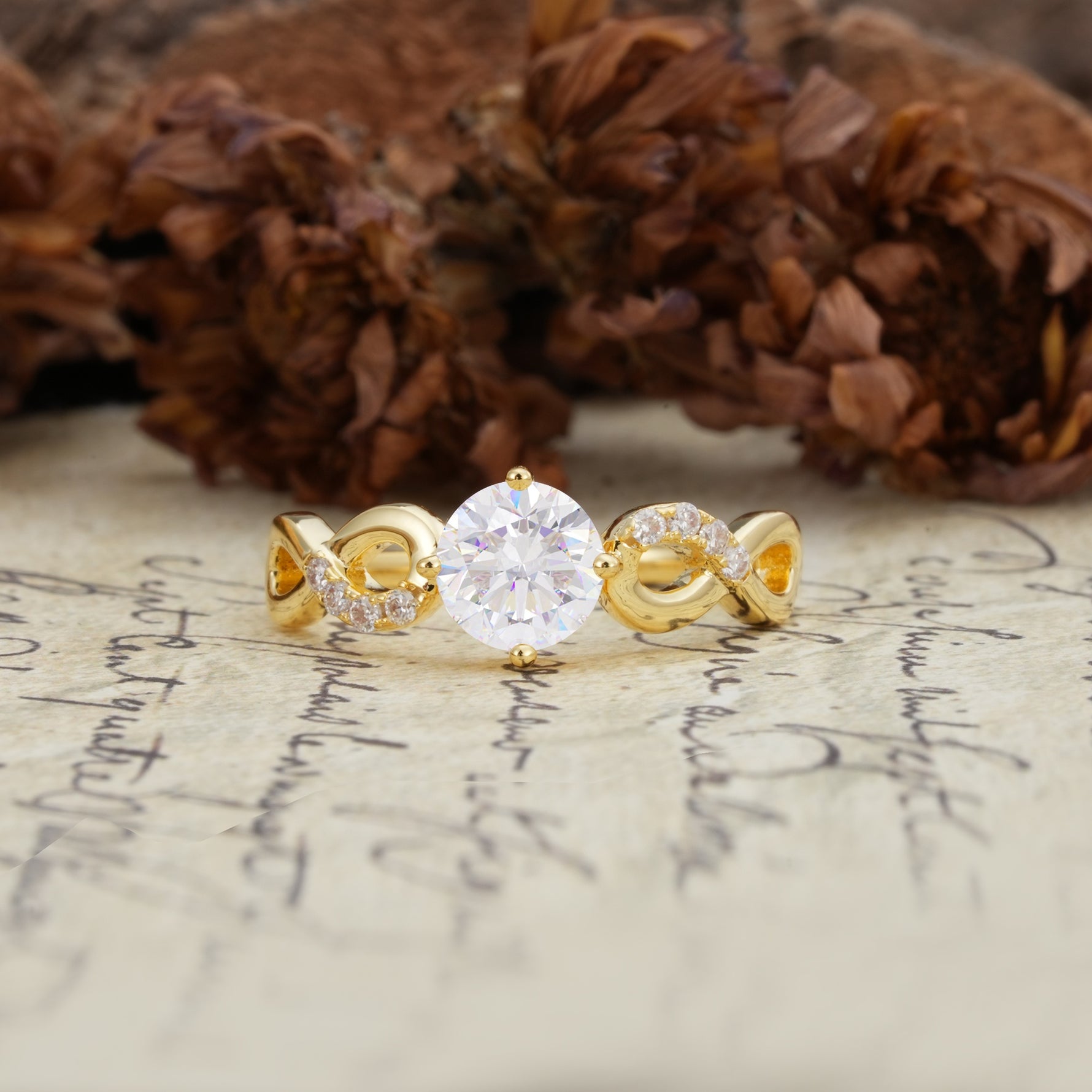 Unique, Luxurious, Twisted-Cross 4-Prong Round Cut Moissanite Engagement Ring - Additional view