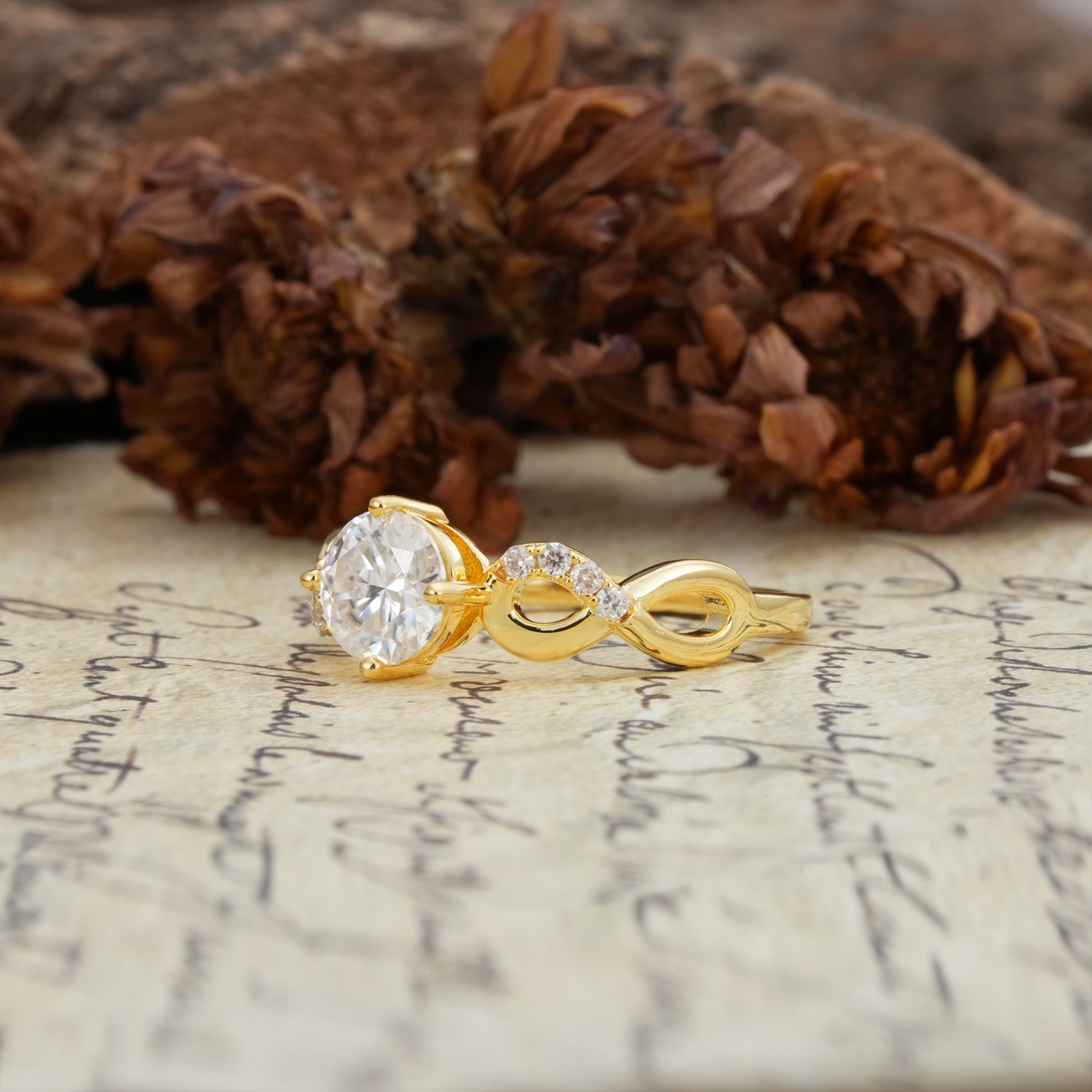 Unique, Luxurious, Twisted-Cross 4-Prong Round Cut Moissanite Engagement Ring - Additional view