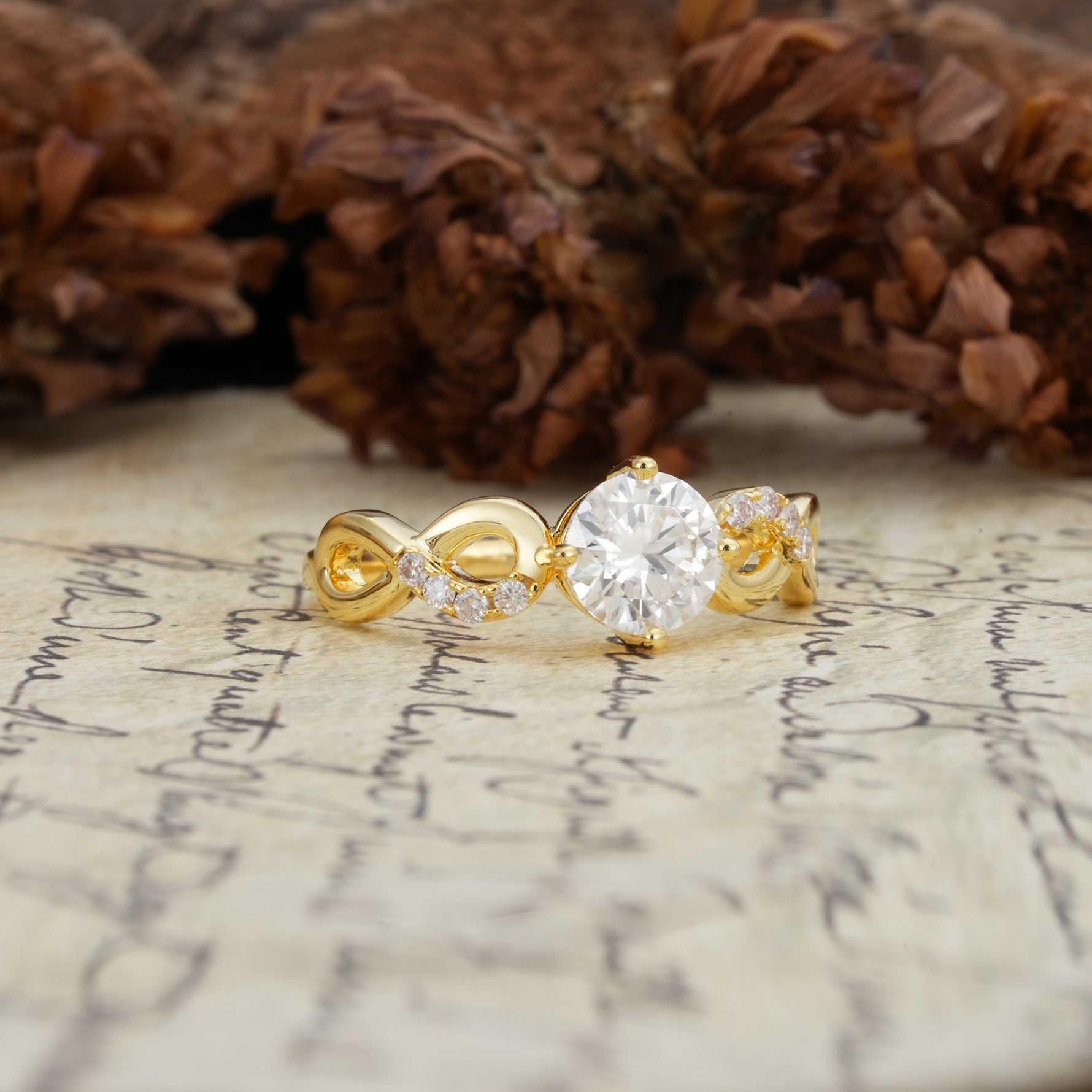 Unique, Luxurious, Twisted-Cross 4-Prong Round Cut Moissanite Engagement Ring - Additional view