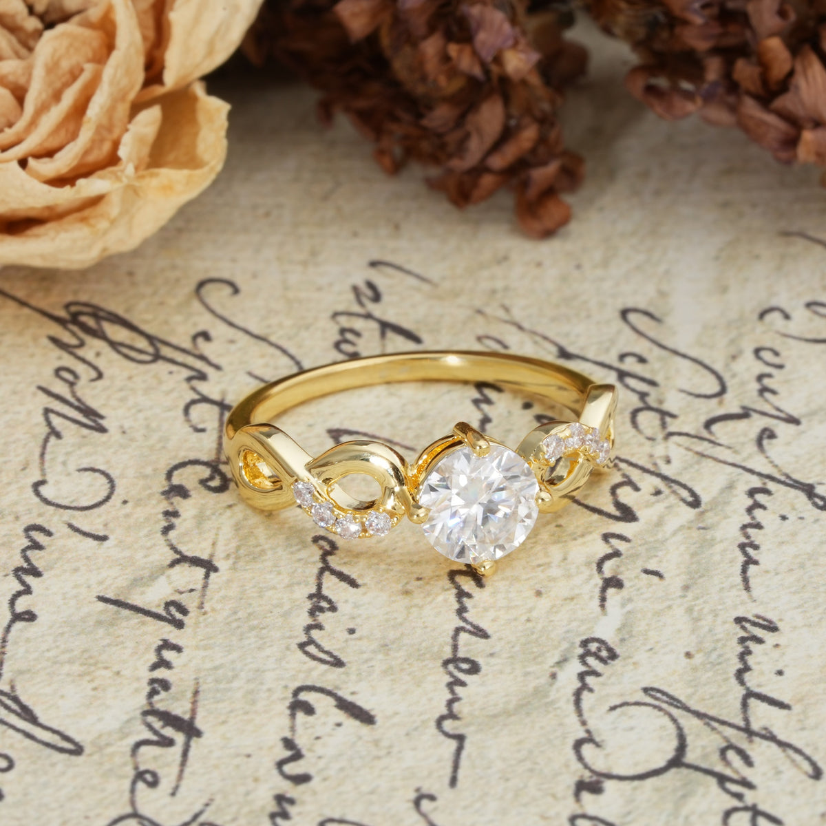 Unique, Luxurious, Twisted-Cross 4-Prong Round Cut Moissanite Engagement Ring - Additional view