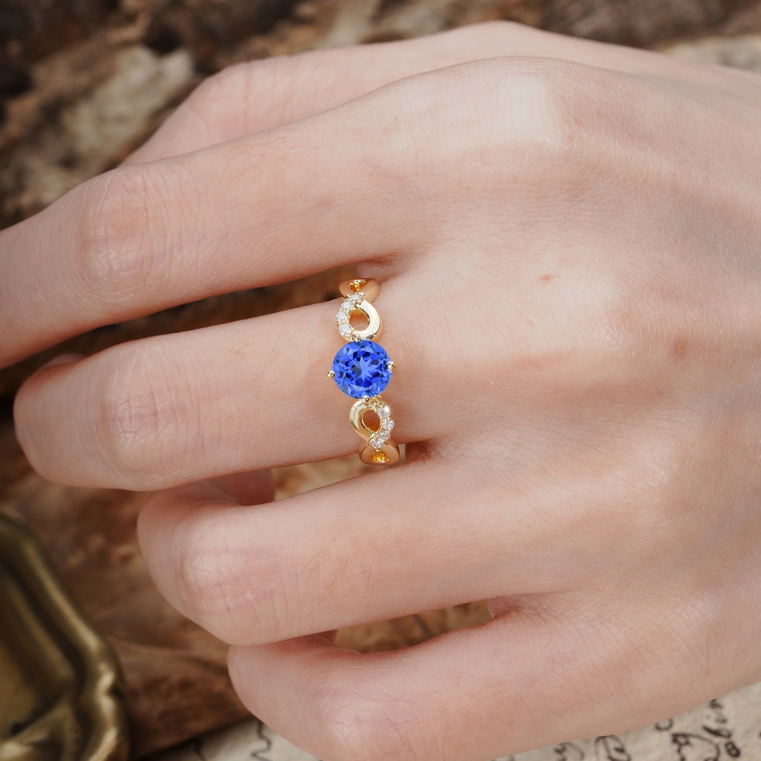 Unique, Luxurious, Twisted-Cross 4-Prong Round Cut Sapphire Engagement Ring - Additional view