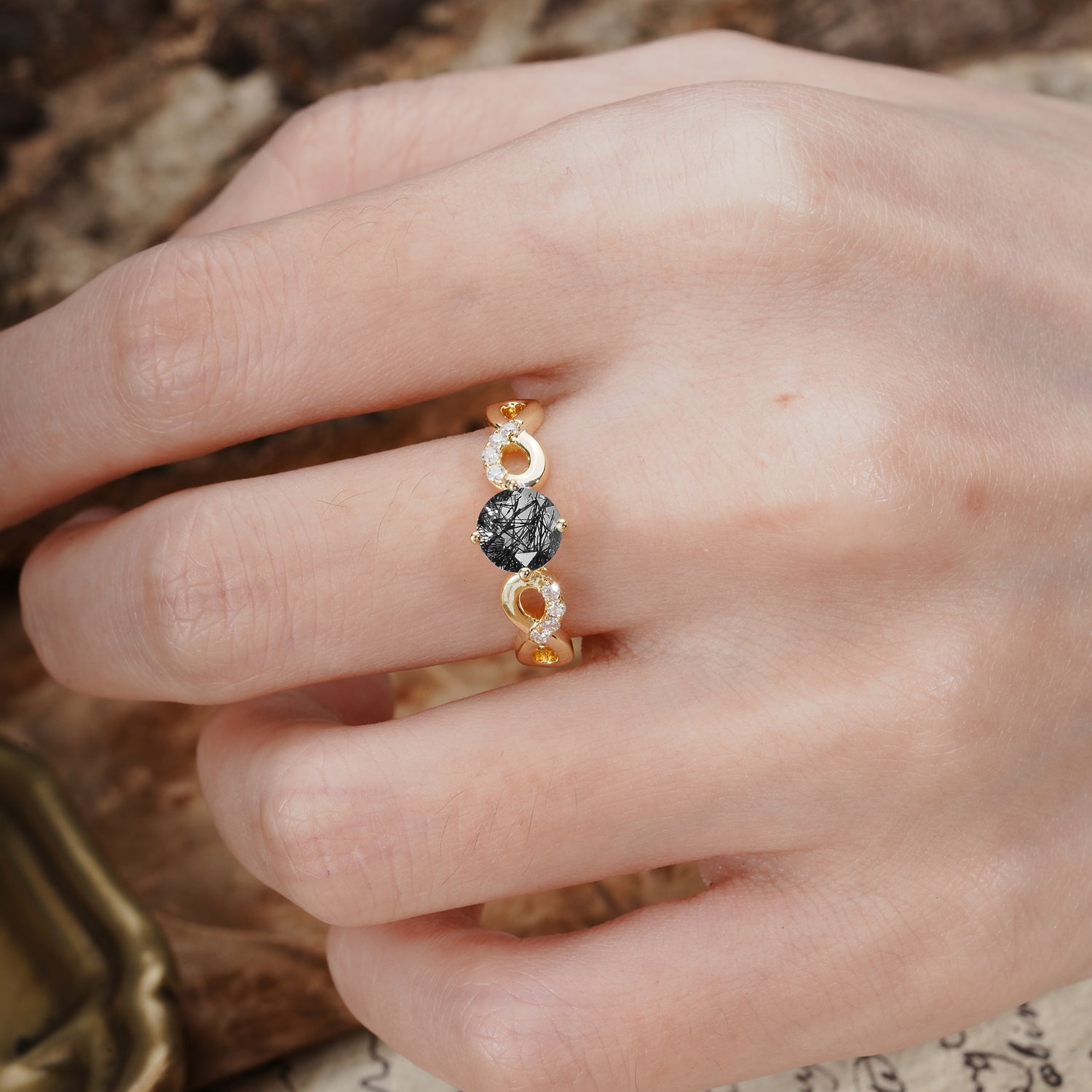 Unique, Luxurious, Twisted-Cross 4-Prong Round Cut Black Rutilated Quartz Engagement Ring