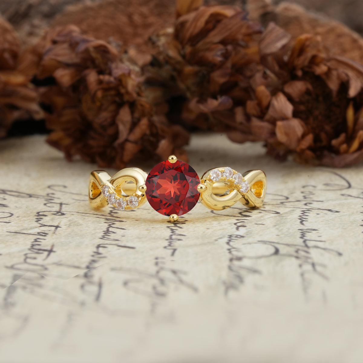 Unique, Luxurious, Twisted-Cross 4-Prong Round Cut Garnet Engagement Ring