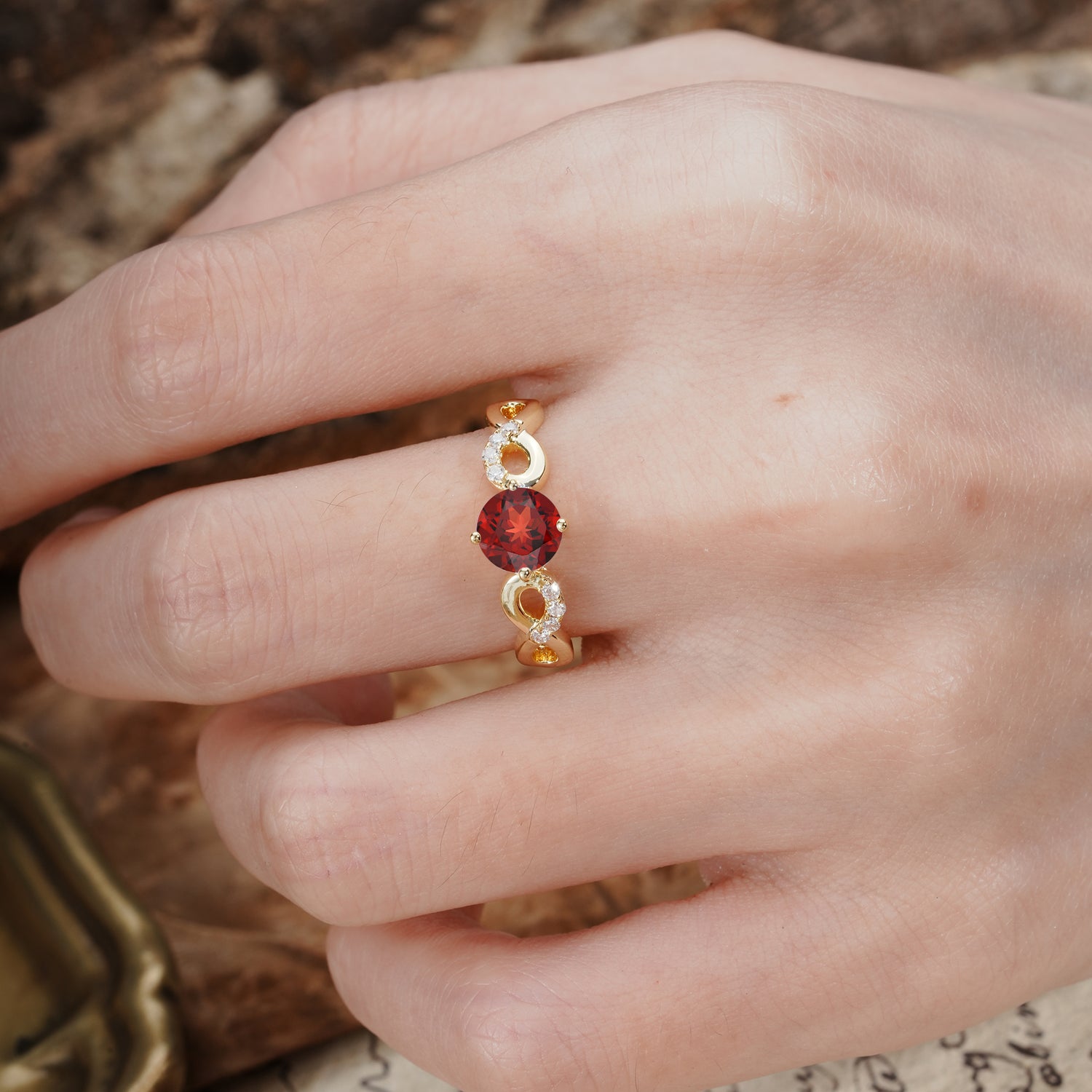 Unique, Luxurious, Twisted-Cross 4-Prong Round Cut Garnet Engagement Ring